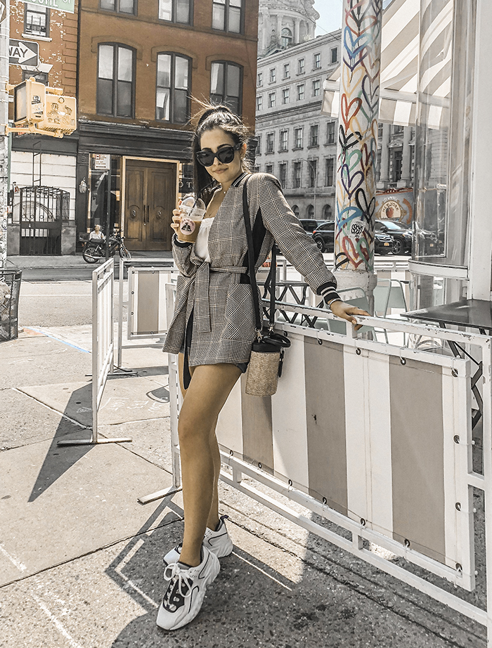 straw bags and blazer