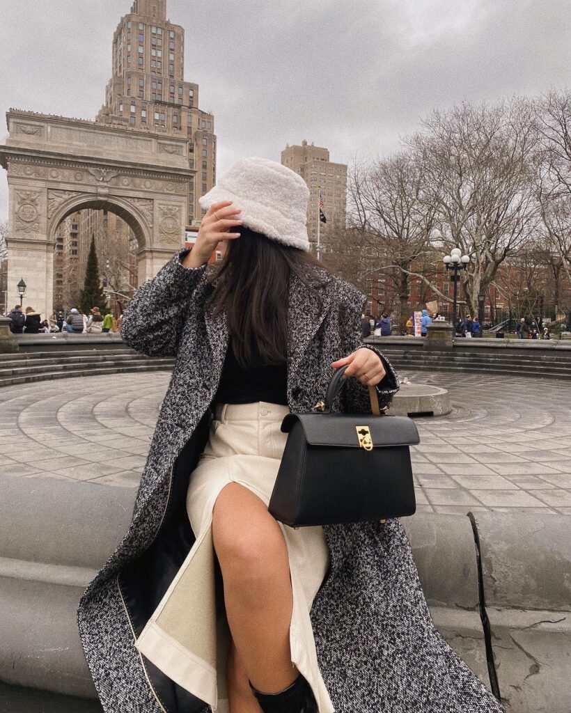 bucket sherpa hat nyc winter outfits